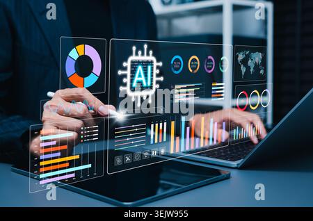 AI Data Analytics Dashboard and Business Intelligence Concept. Businessman using laptop with virtual charts, KPI metrics, graphs, world map, and data Stock Photo