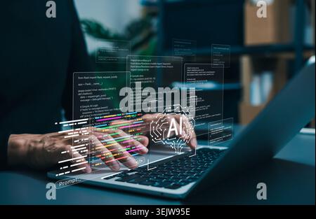 AI coding assistant for software development concept. Machine Learning Code, Programmer use laptop with code and AI brain artificial intelligence Stock Photo
