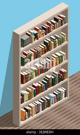 Library bookshelf isometric vector illustration. Books collection on shelves for education and knowledge Stock Vector