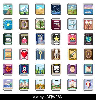 Pixel art books icon set. Fantasy, travel, science fiction, adventure and many other covers. Vector illustration Stock Vector
