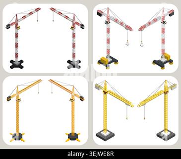 Isometric tower crane set. Construction lifting machinery vector illustration collection Stock Vector