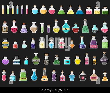 Pixel art potion icons set. Magic bottles, alchemy flasks and fantasy elixirs in different colours and forms. Vector illustration Stock Vector
