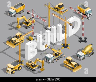 Build text concept isometric construction machinery composition. Building equipment vector illustration Stock Vector