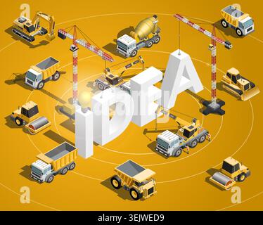 Idea text concept isometric construction machinery composition. Building equipment vector illustration Stock Vector