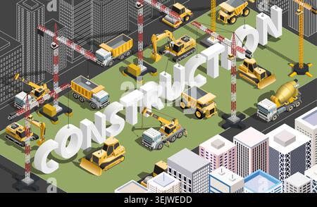 Isometric urban construction site with machinery and city buildings around the 3d word Construction. Urban development, building industry, architectur Stock Vector