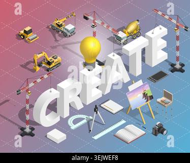 Isometric creative concept with construction machinery building typography and light bulb idea. Innovation, design process, creativity and engineering Stock Vector