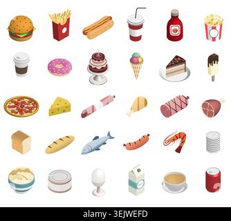 Isometric food and drink icon set. Fast food, desserts and grocery products. Vector collection Stock Vector