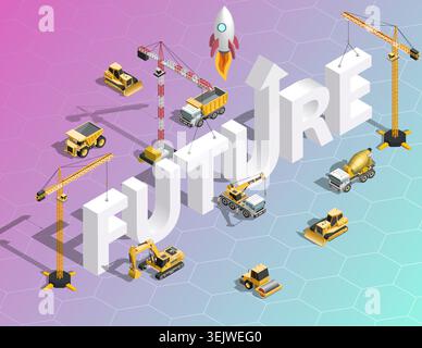 Future concept with construction machinery building typography and rocket launch. Innovation, startup growth, engineering and technology isometric ill Stock Vector