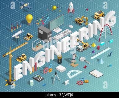 Engineering concept with industrial construction machinery, science elements and technology icons. Isometric innovation, education and development ill Stock Vector