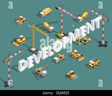 Development isometric concept with construction machinery, cranes and heavy equipment building typography. Industrial engineering, urban growth and in Stock Vector