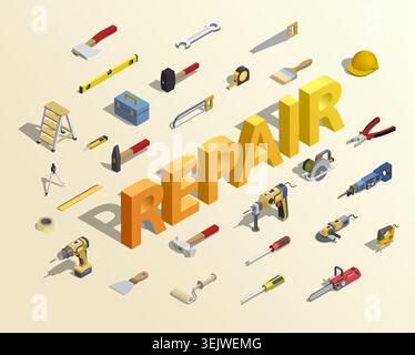 Home repair and renovation concept with isometric construction tools and equipment. Vector illustration Stock Vector