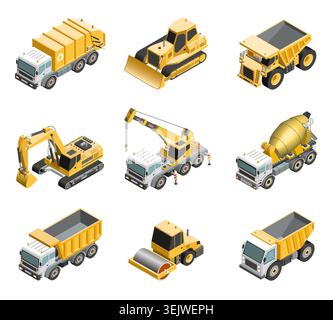 Сonstruction vehicle isometric set. Bulldozer, big trucks, excavator, dump truck, crane machinery, road roller, garbage truck, concrete truck vector i Stock Vector