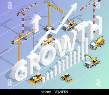 Growth concept with rising chart arrow and construction cranes building word growth. Isometric business development, financial progress and economic s Stock Vector