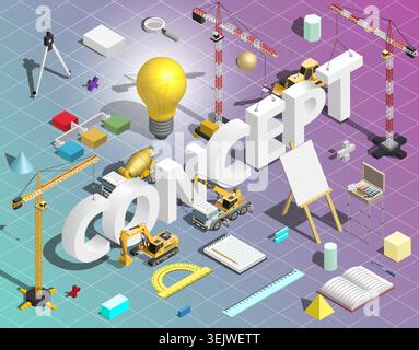 Isometric vector illustration of construction machinery building the large word Concept. Features an idea lightbulb, creative art tools, and technical Stock Vector
