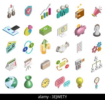 Isometric business and finance icon set. Marketing, analytics, money and management symbols vector illustrations Stock Vector