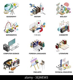 School subjects and academic disciplines isometric icons vector set. Education concept with science, mathematics, arts, music, history, geography, lit Stock Vector