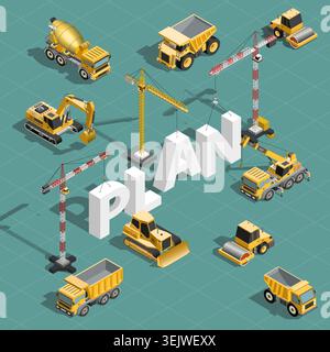 Isometric construction machinery composition with plan text. Building equipment vector concept illustration Stock Vector