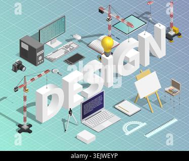 Design isometric concept with creative tools, computer equipment and typography. Graphic design process, digital art, creativity and innovation illust Stock Vector
