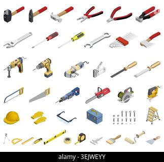 Set of construction and repair tools icons. Isometric hand and power tools collection for building, carpentry and engineering illustration Stock Vector