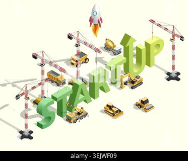 Startup concept with construction cranes building word startup and rocket launch. Isometric business growth, innovation and development illustration Stock Vector