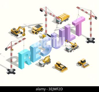Business project success result concept with isometric construction machinery and cranes vector illustration Stock Vector