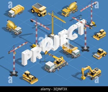 Isometric construction machinery composition with project text. Building equipment vector concept illustration Stock Vector