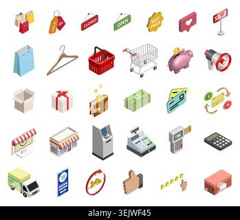 Isometric shopping and retail icons set. Commerce sale elements vector illustrations collection Stock Vector