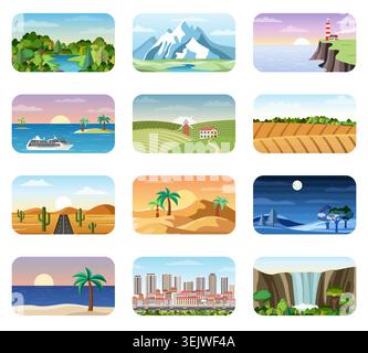 Colorful nature landscape icons set. Mountains, desert, sea, city, forest and other scenes and locations. Vector illustration Stock Vector