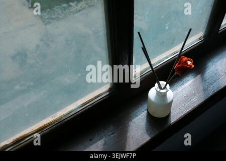 Minimalist reed diffuser with red flower on vintage window sill, soft sunlight interior decor concept, cozy home atmosphere and relaxing lifestyle Stock Photo