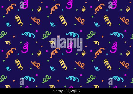 Doodle crayon confetti and streamers seamless pattern. Hand drawn celebration falling confetti. Party firecracker seamless texture bg. Chalk texture Stock Vector