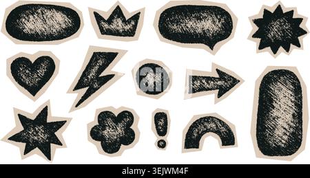 Crayon doodle scrapbook elements. Hand drawn cutout collage stickers. Collage oval, arrow and star. Paper scrapbook vintage shape with crayon texture Stock Vector
