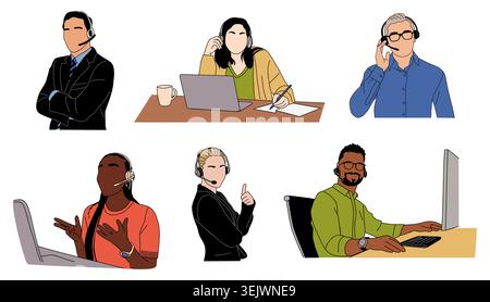 Set of professionals wear headset working remotely Stock Vector