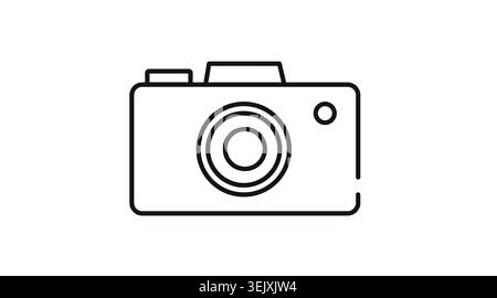 Minimalist photo camera icon: digital DSLR camera symbol, black line art vector illustration for photography websites and UI/UX interface. Stock Vector
