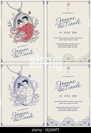 Chinese wedding invitation card set in pen sketch style Stock Vector