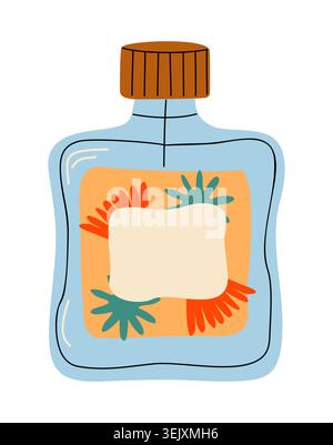 Cartoon bottle with wooden cap and tropical design Stock Vector