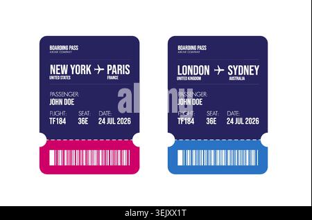Airline ticket design. Airplane boarding pass with passenger name and destination. Travel, trip or business trip concept. Stock Vector