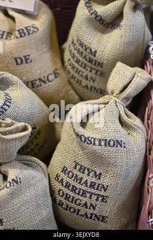 Hessian bags of herbs Stock Photo