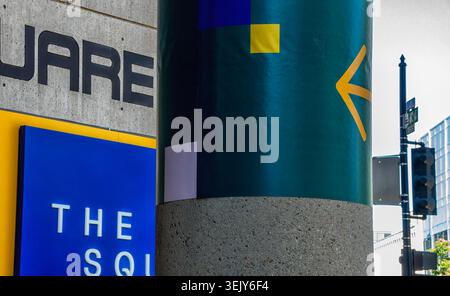 Round concrete pillars on a building Stock Photo