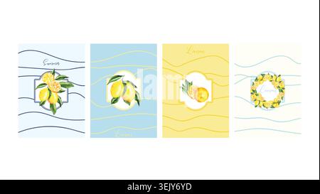 Mediterranean Lemon Posters Set with Coastal Italy Greece Summer Vacation and Citrus Theme Stock Vector