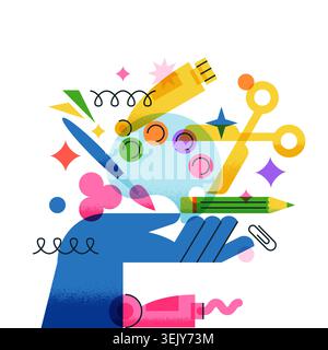 Human hand holding art supplies. Watercolor palette, brush, pencil, scissors, paint tubes vector flat geometric illustration. Creative concept for art Stock Vector
