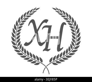 Initial letter X and H, XH monogram logo design with laurel wreath. Luxury emblem with calligraphy font. Stock Vector