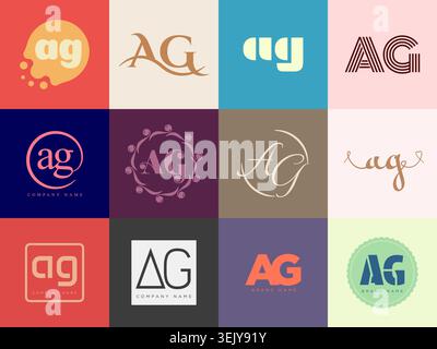 AG logo company template. Letter a and g logotype. Set different classic serif lettering and modern bold text with design elements. Initial font typog Stock Vector