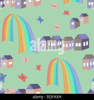 a rainboa seamless pattern with rainbows and houses in a roww pattern with houses in a row Stock Vector