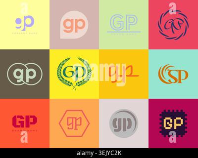 GP logo company template. Letter g and p logotype. Set different classic serif lettering and modern bold text with design elements. Initial font typog Stock Vector