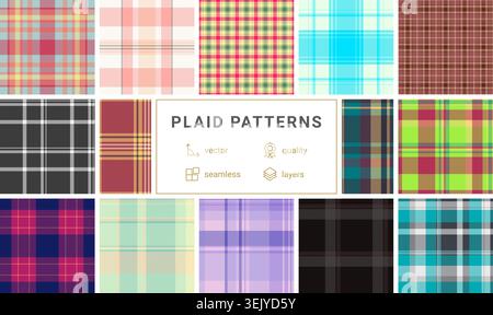 Plaid collection ideal for diary kits. Coordinated tartan repeats create cohesive and visually appealing printed sets. Vector format allows resizing. Stock Vector