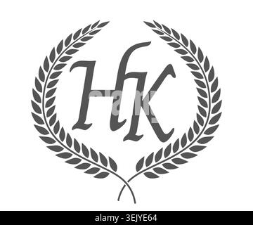 Initial letter H and K, HK monogram logo design with laurel wreath. Luxury emblem with calligraphy font. Stock Vector