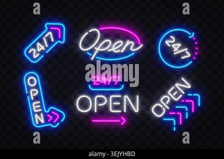Neon open and 24 7 sign collection with glowing retro elements. Modern storefront icons for cafe, shop, nightlife or business advertising. Stock Vector