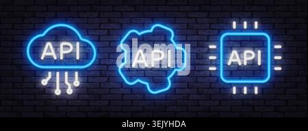 Neon API icon set with cloud, processor and digital network symbols. Futuristic technology collection for software development, coding or data systems Stock Vector