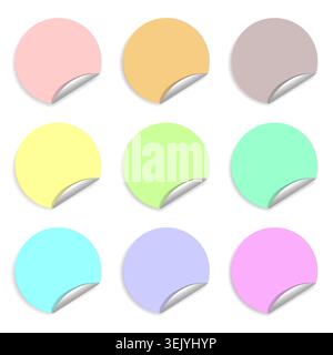 Set of colorful round stickers and pealed corner and copy space in the middle. Vector design. Stock Vector