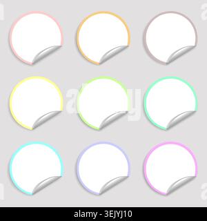 Set of white round stickers with colorful edge and pealed corner and copy space in the middle. Vector design. Stock Vector
